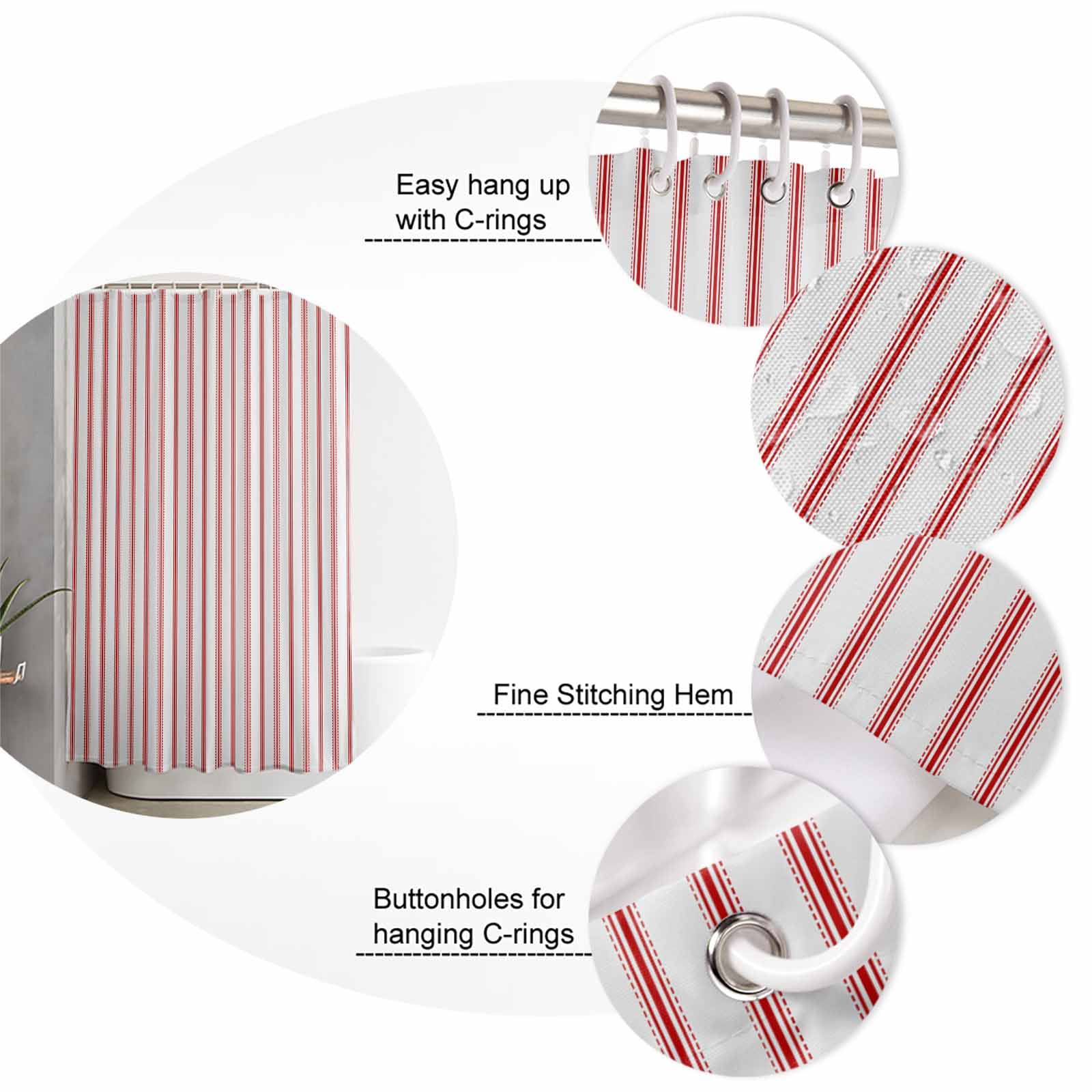 Extra Long Shower Curtain 72x84 Inch, Red Striped Shower Curtain Waterproof Bathroom Decor Red White Stripes Farmhouse Fabric Bath Curtain Set Accessories with Hooks