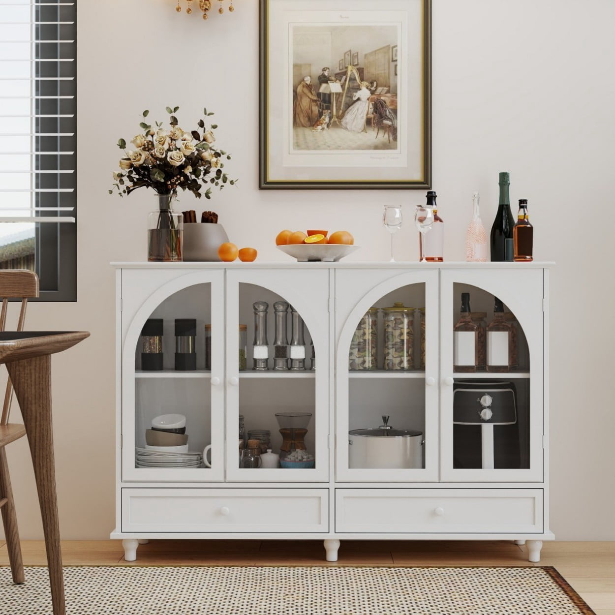 White Arched Glass Sideboard Cabinet, Buffet Storage Cabinet with 4 Glass Doors & 2 Drawers, Adjustable Shelf Credenza for Kitchen Dining Room Living Room