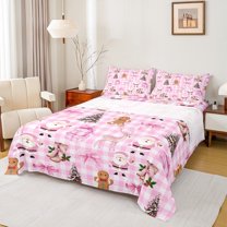 Homewish Cartoon Santa Claus Twin Sheet Sets,Christmas Flower Red Berry Twin Fitted Sheet,Cute Bowtie Ribbon Flat Sheet For Girls Kids,Super Cozy Room Decor,3pcs