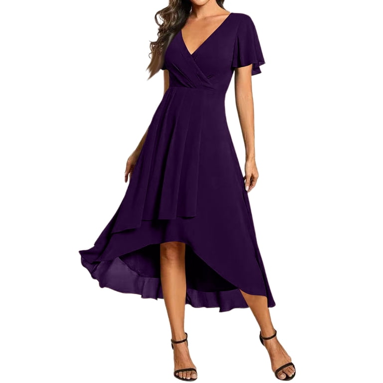 purple chiffon high low dress Leely Women Purple Chiffon High Low Wedding Guest Dress with Appliques A Line Off the Shoulder Mother of the Bride Dress