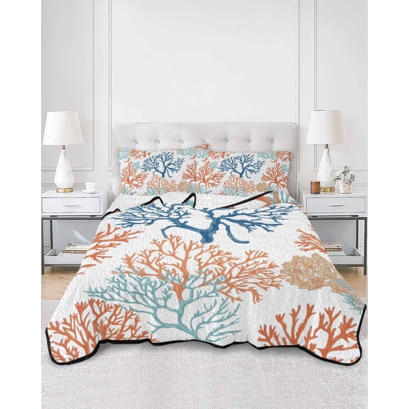 Quilts King Size, Ocean Coral Soft Comforter Bedding Set for Bed, Coastal Orange Blue Green Nature Abstract Lightweight Quilted Bedspread with Pillow Cover(2 Pieces) for All Season, 96x106 Inch