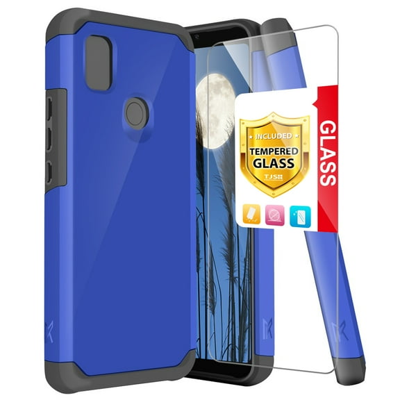 TJS for Cricket Icon 4 Phone Case, with Tempered Glass Screen Protector, Magnetic Support Dual Layer Drop Protection Impact Rugged Armor Cover (Blue)