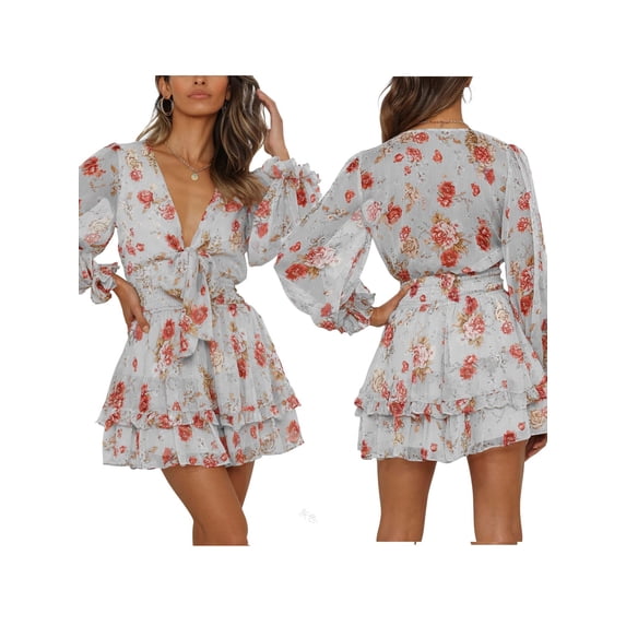 KelaJuan Women Spring Casual Mini Dress Floral Print Deep V-Neck Tie-Up Long Sleeve Sweet Dress Fashion Ruffles Dress