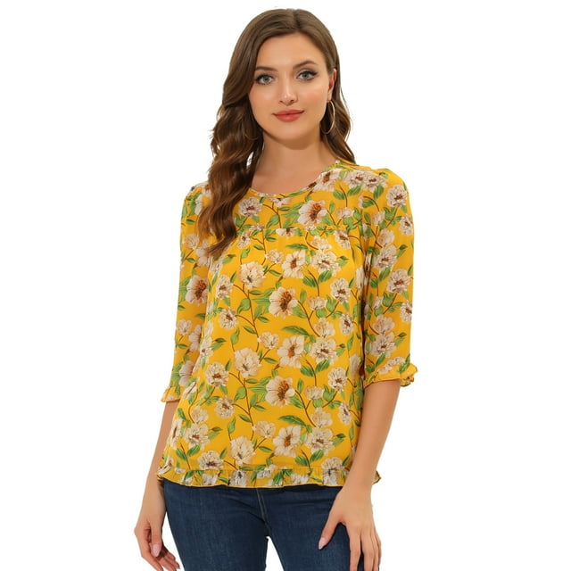 INSPIRE CHIC Blouse Fluide en Mousseline à Volants à Manches 3/4 à Imprimé Floral pour Femme 4 S