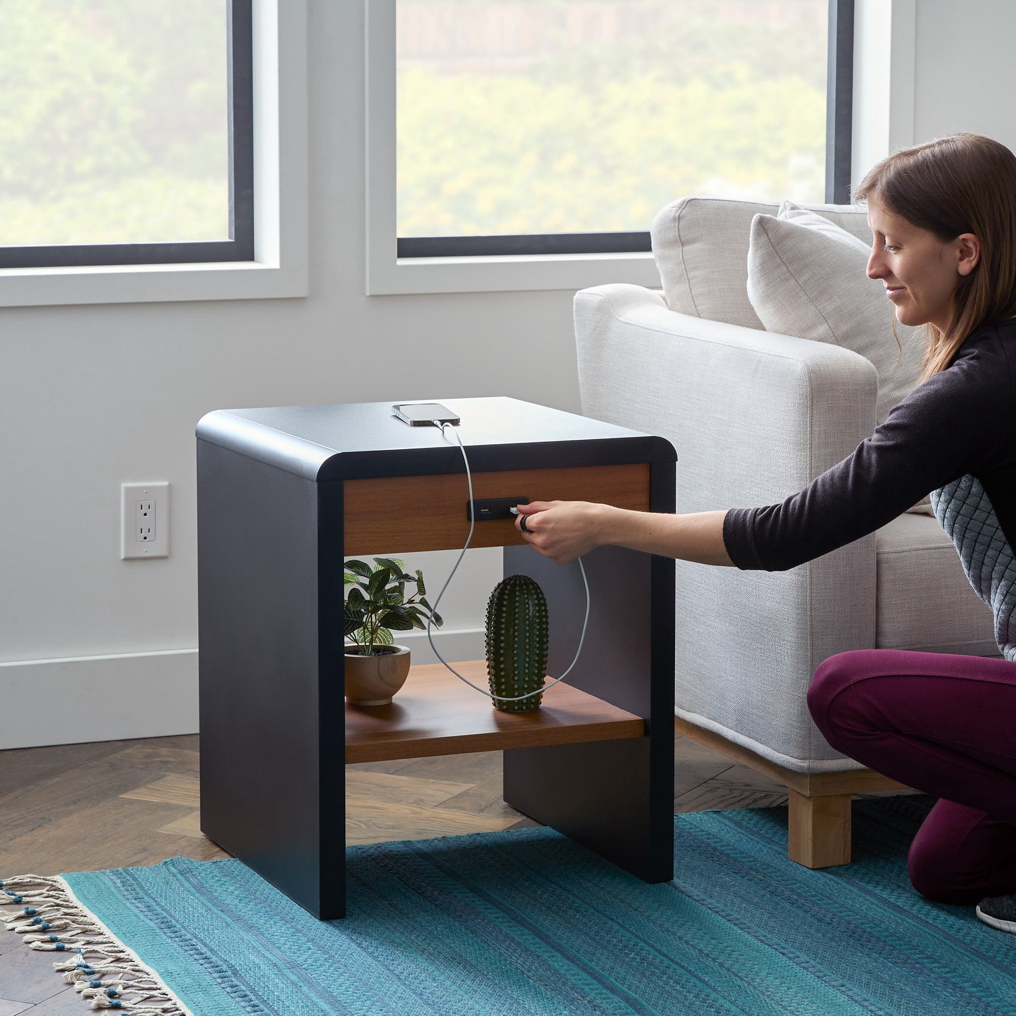 Mayview Gatsby Rounded Living Room Corner with USB End Table, Black & Oak