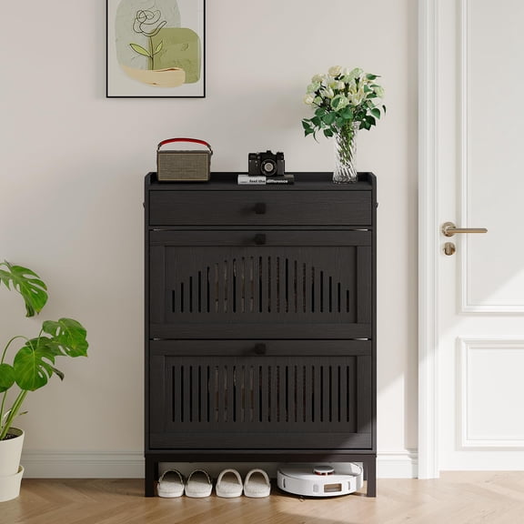 2 Flip Drawer Shoe Cabinet with Adjustable Shelves | Hidden Shoe Cabinet Organizer with Top Drawer, Freestanding Wooden Shoe Rack for Entryway, Hallway, Living Room, Black
