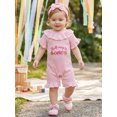 thumbnail image 3 of RUINIXCW Baby Girls Half Birthday Outfit Short Sleeve Ruffled Crewneck Letter Biscuit Embroidery Striped Jumpsuit with Headband, 3 of 8