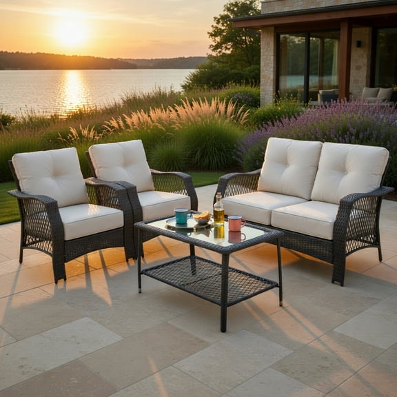 GVN 4 Pieces Patio Wicker Furniture Set, Deluxe Outdoor Patio, Loveseat Sofa Coffee Table with Cushion-Beige