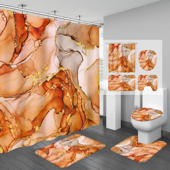 4PCS Brown Marble Bathroom Sets with Shower Curtain and Rugs, Abstract Gold Shower Curtain Sets with Rugs for Bathroom Decor, Bathroom Curtains Shower Set with Toilet Lid Cover Accessories