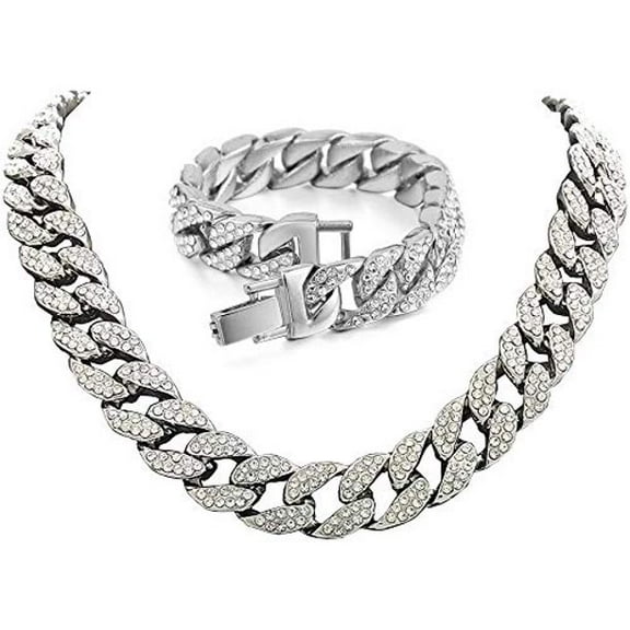 Men’s Iced Out Hip-Hop One Tone Bling Bling Rappers Cuban Link Chain Choker Necklace - CRN2020 (Silver, No Ring, 22.0)