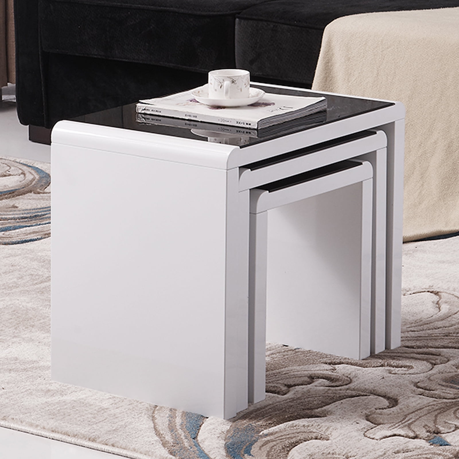 Modern Nest Of 3 Coffee Table Side End High Gloss White Black Modern Nest Of 3 Coffee Table Side End High Gloss White Black Living Room