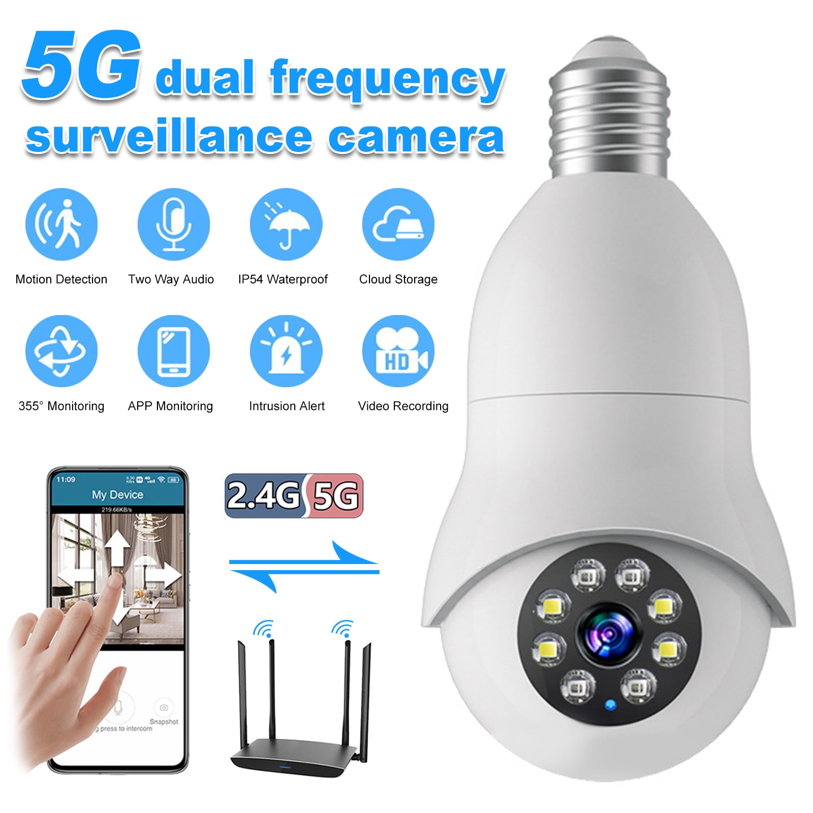 E27 Light Bulb Camera, Pomelotree 1080P 2.4GHz 5G WiFi Security Camera