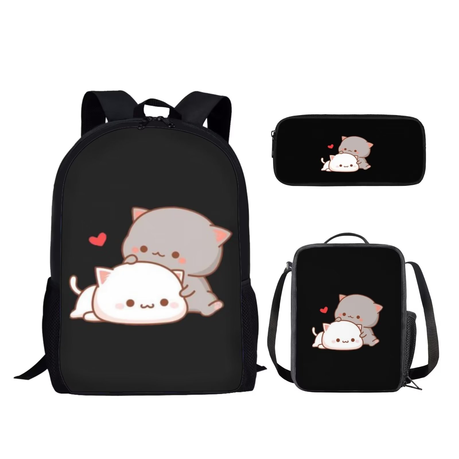 KXOIYSD Purple Cartoon Cute Cat Backpack With Lunch Box Pencil Bag 3Set for  Men Women