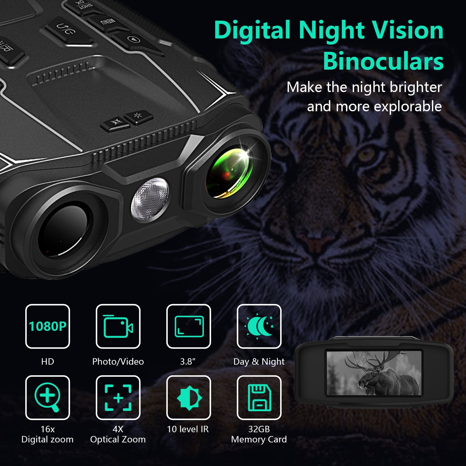WARMTUYO Night Vision Binoculars, Infrared Night Vision Goggles with HD Video and Photo Modes, 32GB Card,with LED Flashlight for Camping & Security, Gifts for Men