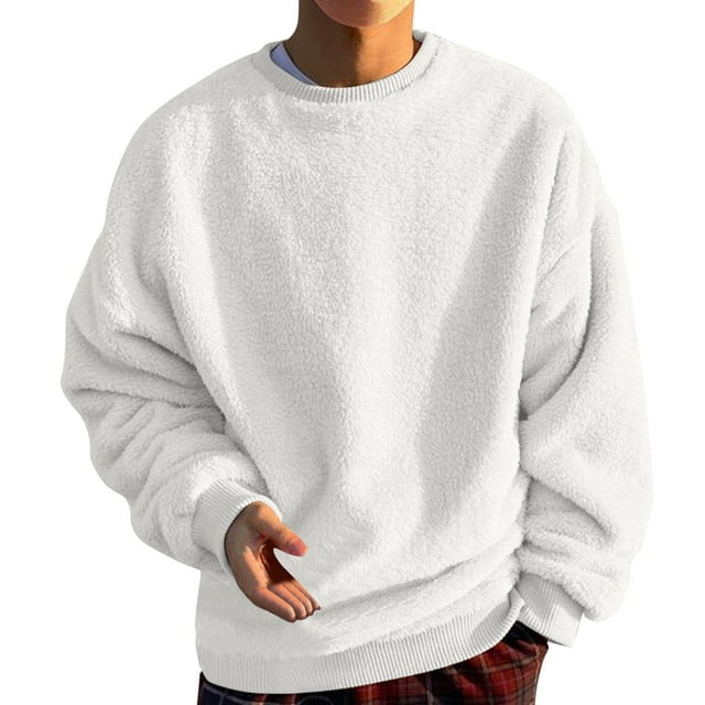 Men's Fuzzy Pullover O - Neck Sweatshirt - Long Sleeve Solid Color Fall Outwear, Fleece Material, Casual Style, Zipper Closure, Multiple Sizes