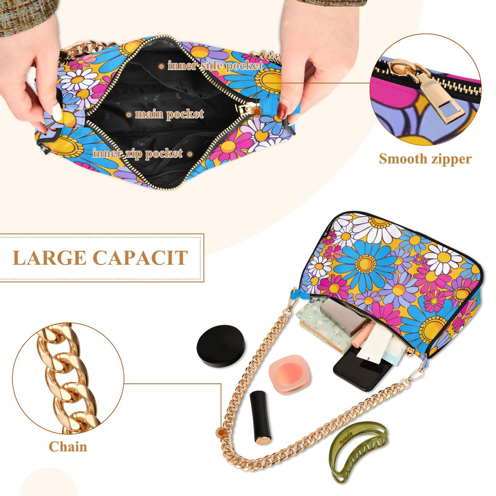 Flowers for FloralWomen Small Shoulder Bag Crossbody Tote Hobo Bags Purse Clutch Handbags with Chain Strap for Women