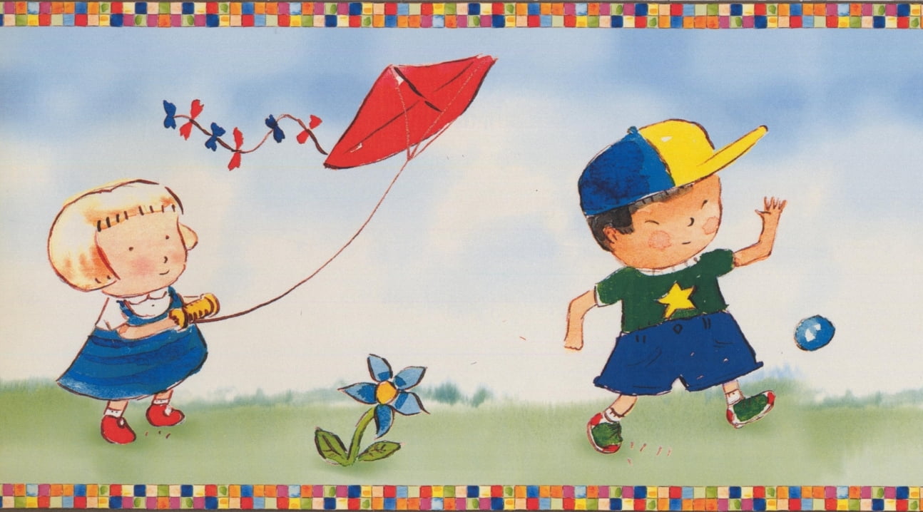 Wallpaper Border Cartoon Kids Playing Ball Balloon Kite Flower Wall Border Retro Design Roll 15 Ft X 6 In Walmart Com Walmart Com walmart