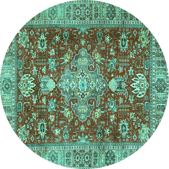 Ahgly Company Machine Washable Indoor Round Persian Turquoise Blue Traditional Area Rugs, 4' Round