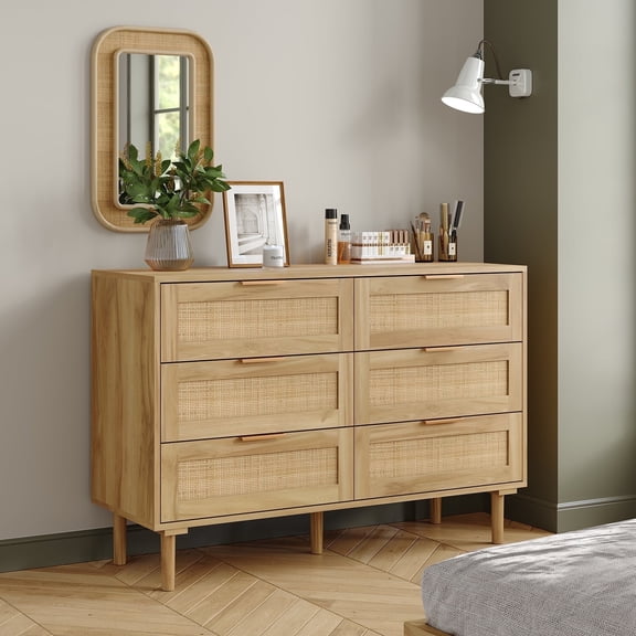 Furnihold Rattan Dresser for Bedroom Natural Wood Dresser 6 Drawer Dresser for Closet Beside Table for Bedroom, Living Room