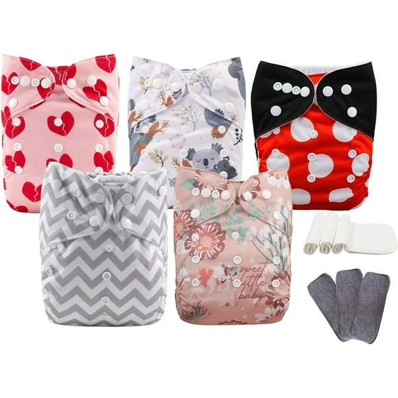 Alva Baby 5 Pañales Ecológicos de tela estampados, impermeable y adaptables de 4-16kG