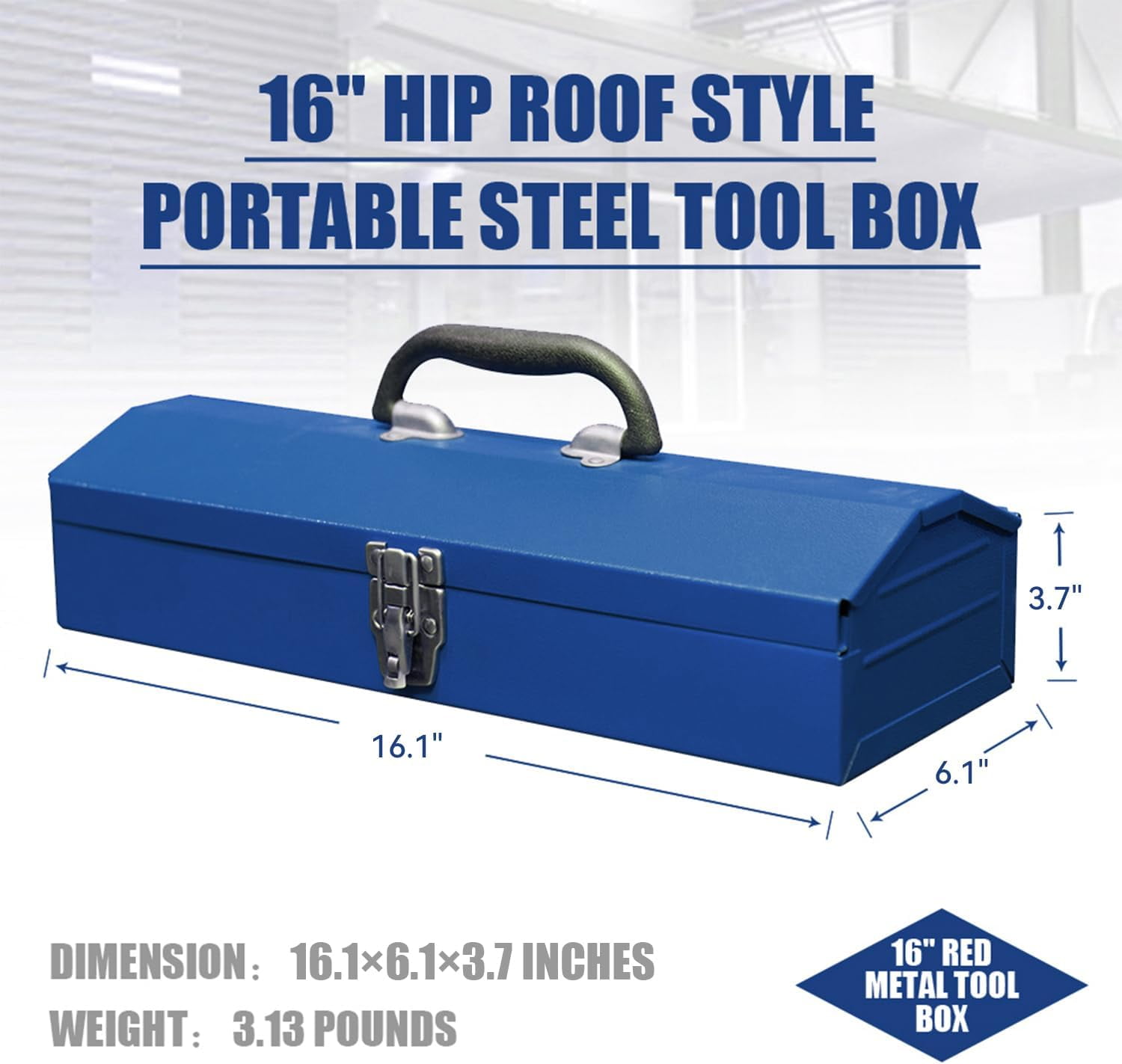 HPDMC Metal Tool Box - 16" Heavy Duty Steel Toolbox with Metal Latch - Portable Hip Roof Style Mechanic Tool Boxes for car, truck, tractor, house use, Blue