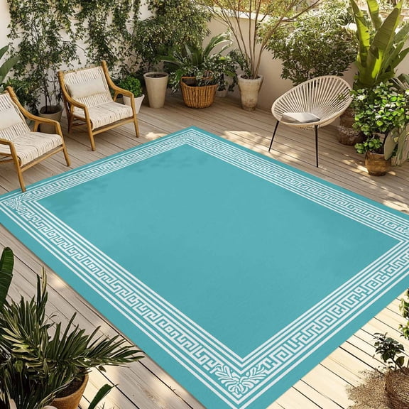 Turquoise Outdoor Rug 3x5 Ft - Reversible Patio Rug Outdoor Camping Rugs, Geometric Boho Ethnic Tile Chic Monochrome Washable Indoor Outdoor Area Rugs, Non-Slip Outdoor Carpet Runner for Deck/Porch
