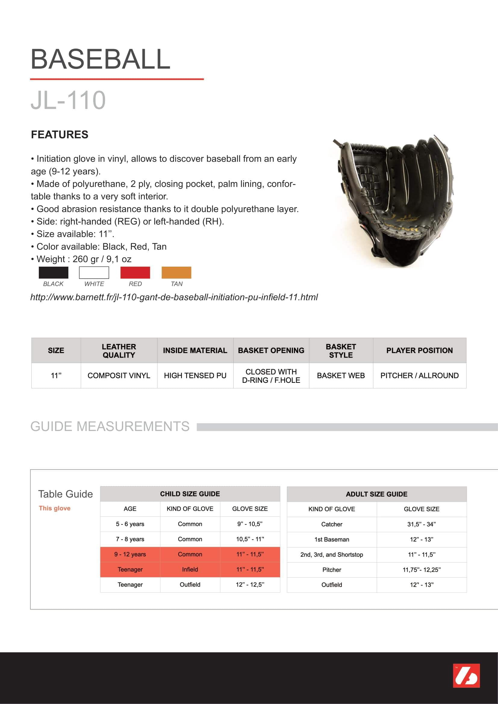Barnett JL-110 Baseball Glove, Outfield, Polyurethane, Size 11 ", Red (Right Hand Throw)