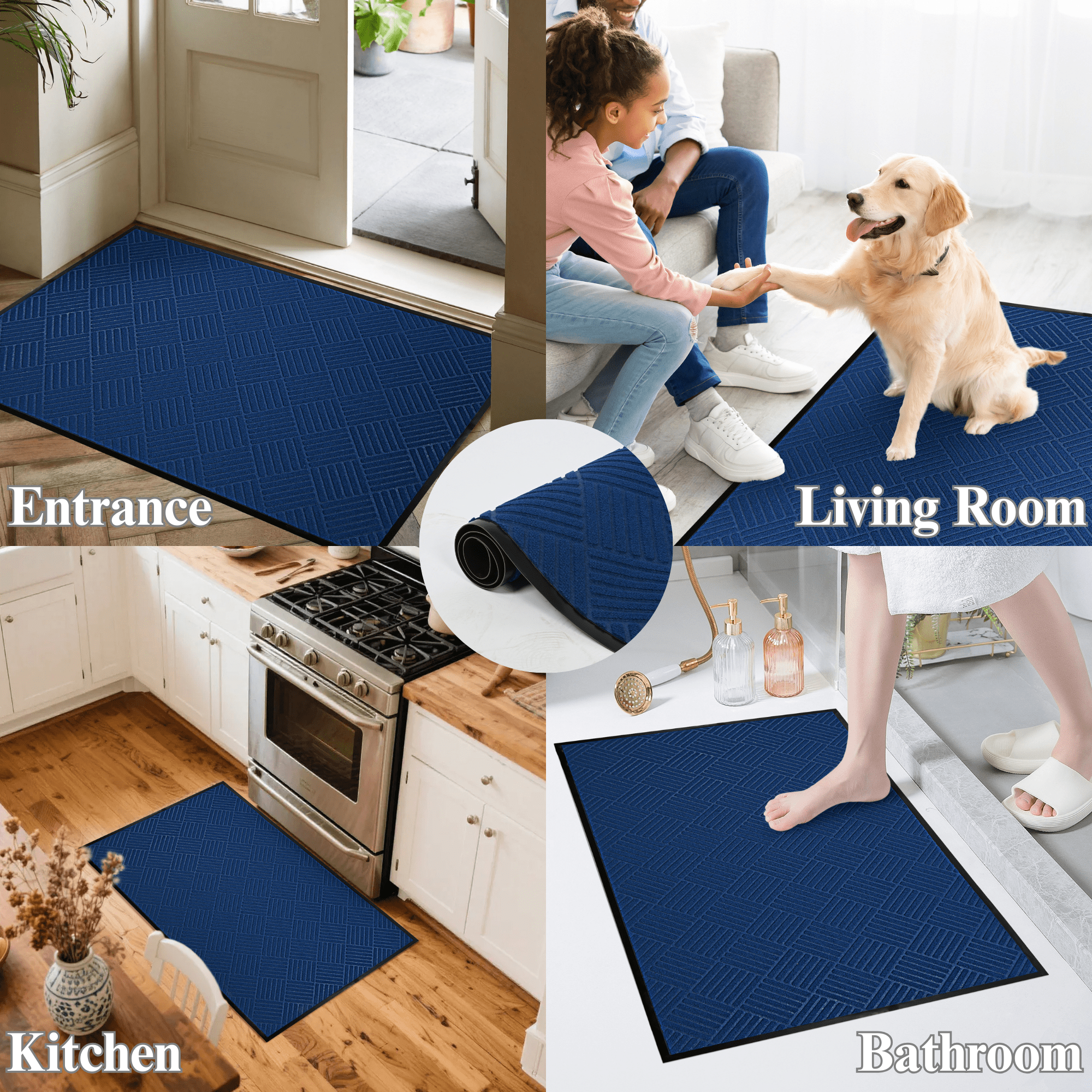 OVYEOFR Entrance Door Mat, 3ft x 5ft Indoor Outdoor Large Doormat with Non-Slip Rubber Backing, Blue