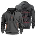 thumbnail image 2 of Men's Letter Graphic Print Hoodie with Zipper Arm Pocket, EVERYONE YOU MEET IS FIGHTING A BATTLE YOU KNOW NOTHING ABOUT Fleece Cardigan, Oversized Casual Pullover,Dark Gray,L, 2 of 4