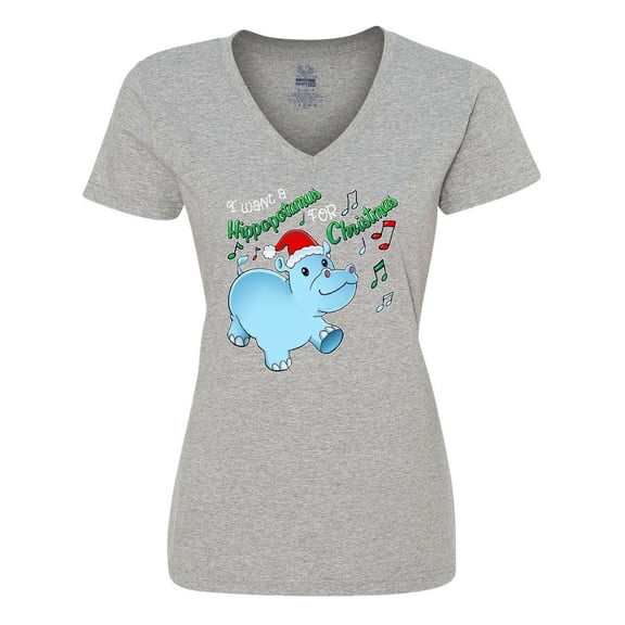 Inktastic I Want a Hippopotamus for Christmas Hippo in Santa Hat Women's V-Neck T-Shirt