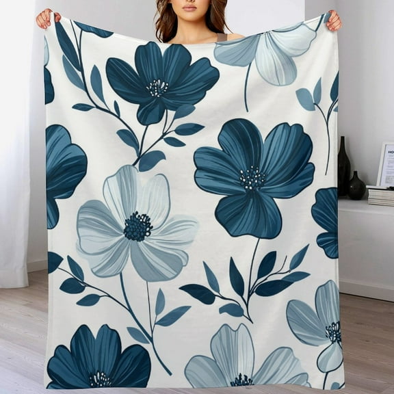 Blue And Gray Floral Flannel Blanket for Living Room 50"x60" Vintage Floral Boho Velvet Flannel Blanket for Winter Bedding Couch And Gift Throw Blanket for Adults Teens Kids