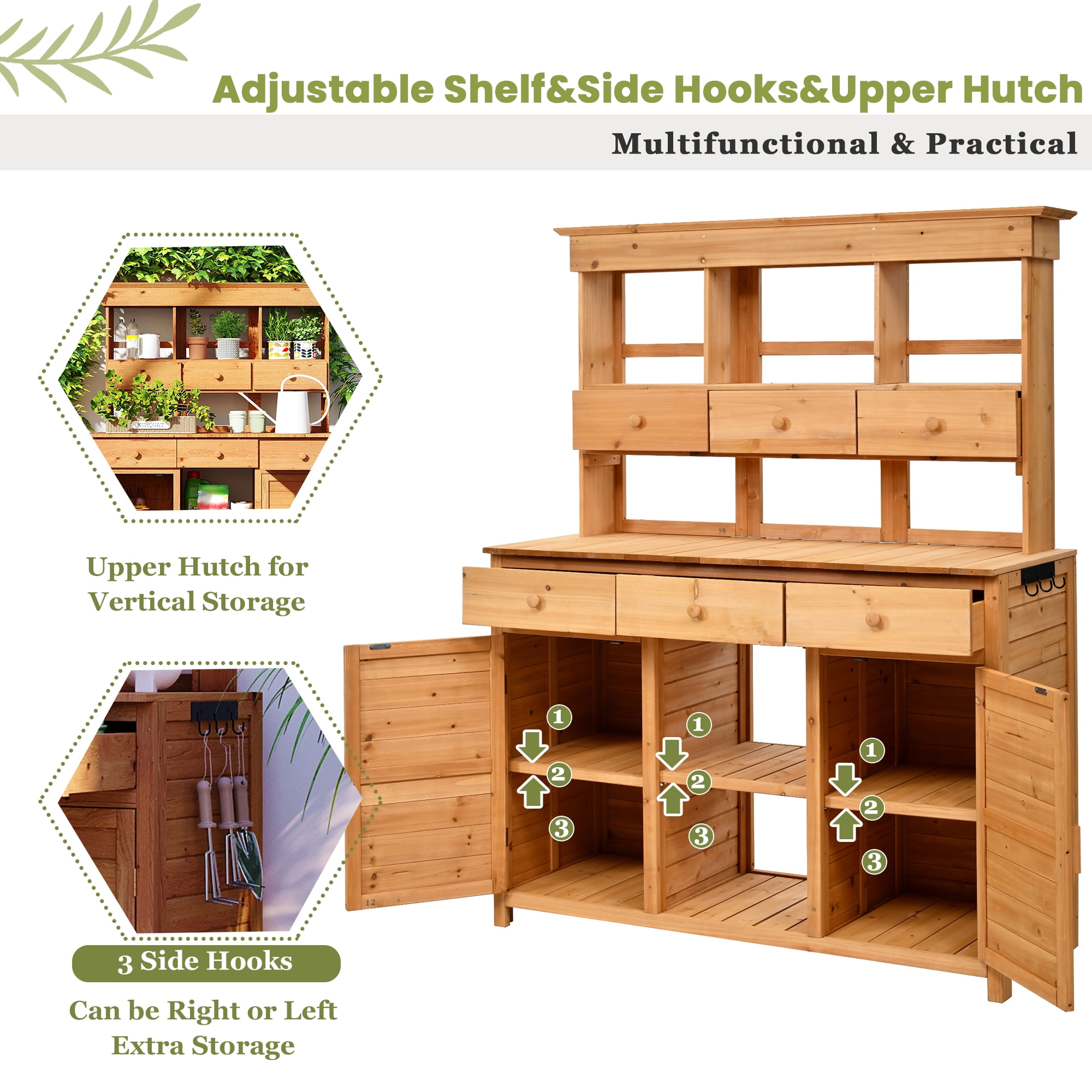 Mintazer 65.7" Outdoor Potting Bench, Garden Workstation with 6 Drawers, Cabinets & Adjustable Shelves, Natural