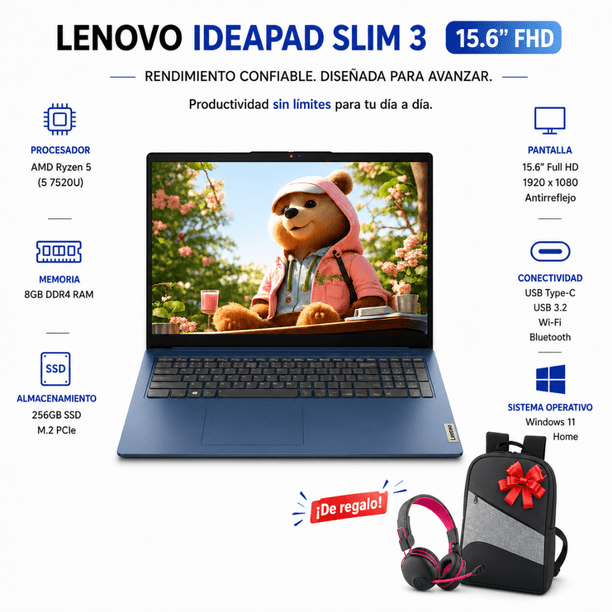 Laptop Lenovo - IdeaPad Slim 3 15.6" Full HD Laptop - AMD Ryzen 5 40 2025 - 8GB Memory- 256GB SSD - Abyss Blue + Mochila y audifonos de regalo