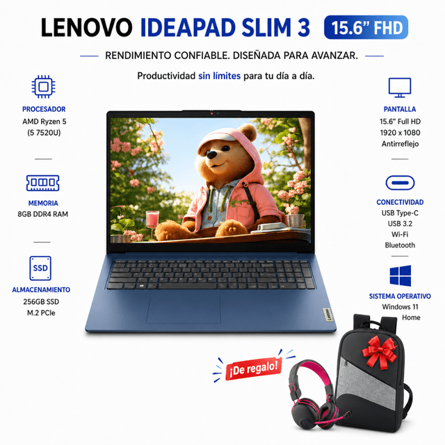 Laptop Lenovo - IdeaPad Slim 3 15.6" Full HD Laptop - AMD Ryzen 5 40 2025 - 8GB Memory- 256GB SSD - Abyss Blue + Mochila y audifonos de regalo