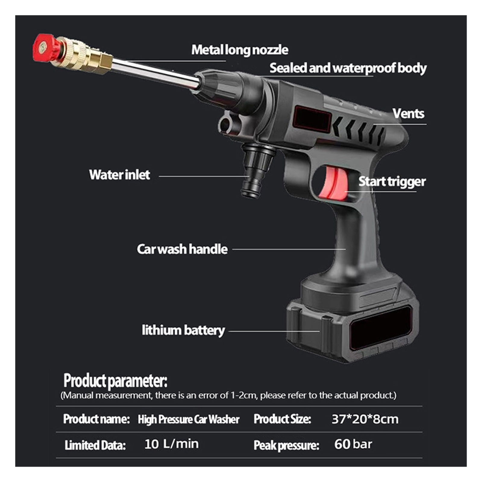300W 20000mAh Car Wash Gun Washer 60Bar Spray Nozzle High Pressure Cleaner For Auto Home Garden Cleaning Car Washing Machine ,Ruggedly Built