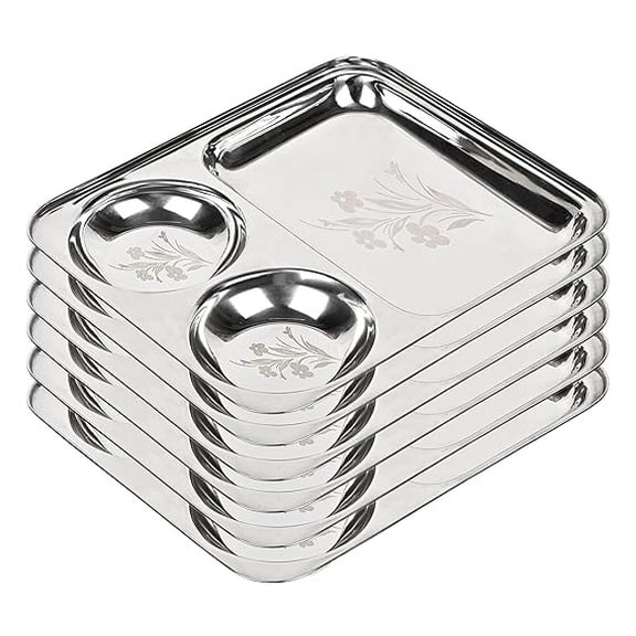 Stainless Steel Laser Partition Plate 3 in1 | Bhojan Thali | Dinner Plate Set of 6