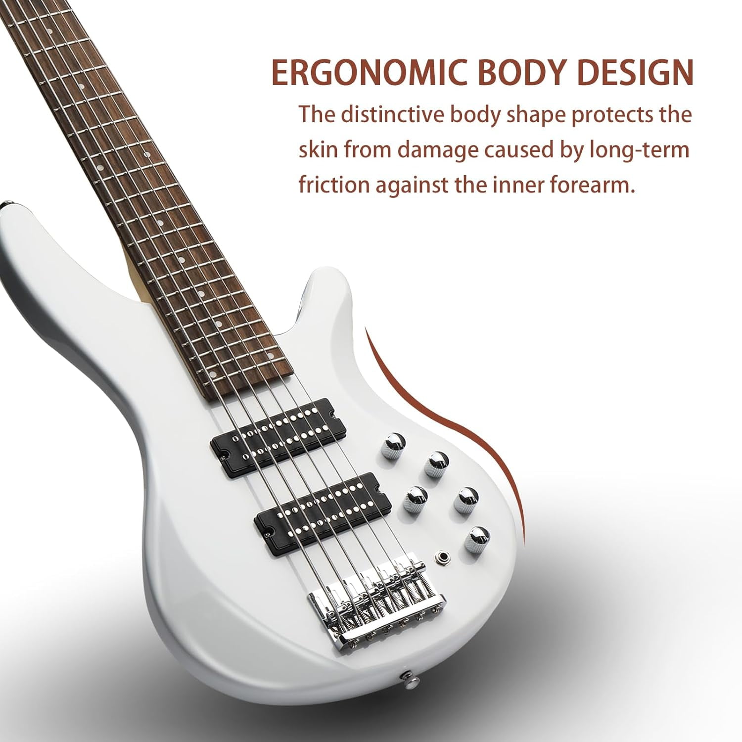 HarmonyStrings Bass Guitar 6 String Electric Bass Guitars, Beginner Bass Guitar with Professional H-H pickup, 3 Way Pickup Selector, Premium Cable, Unique Body Design for Beginner White Upgraded