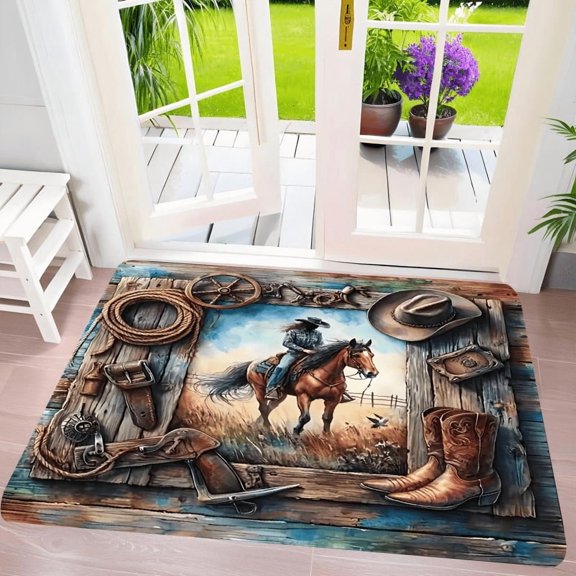 Western Cowboy Print Flannel Area Mat Non Slip Washable Rug Home Decor
