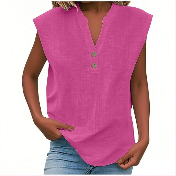 Mittory Sleeveless Cotton Linen Shirts for Women V-Neck Tank Tops Loose Button Up Blouses Work Shirts Casual Summer Tshirt