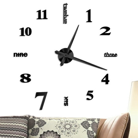 EECOO DIY Large 3D Frameless Wall Clock, Estink Modern Style Mute Acrylic Wall Clock Mirror Stickers Decoration for Living Room Bedroom Office(Black)