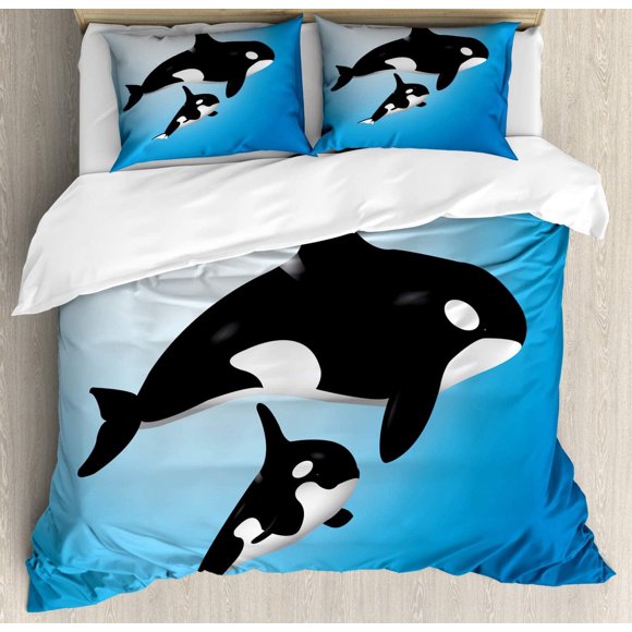 Whale Duvet Cover, Orca Family Mother and Swimming in The Ocean Parenthood Theme, Decorative 3 Pcs Bedding Set with 2 Pillowcases, Blue Black