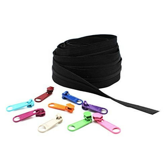 Zipper by The Yard - Ykk #4.5 Nylon Coil Zippers Chain Black 5-Yards of Make Your Own Zipper and 10 Multicolored Pulls in Soft Vinyl