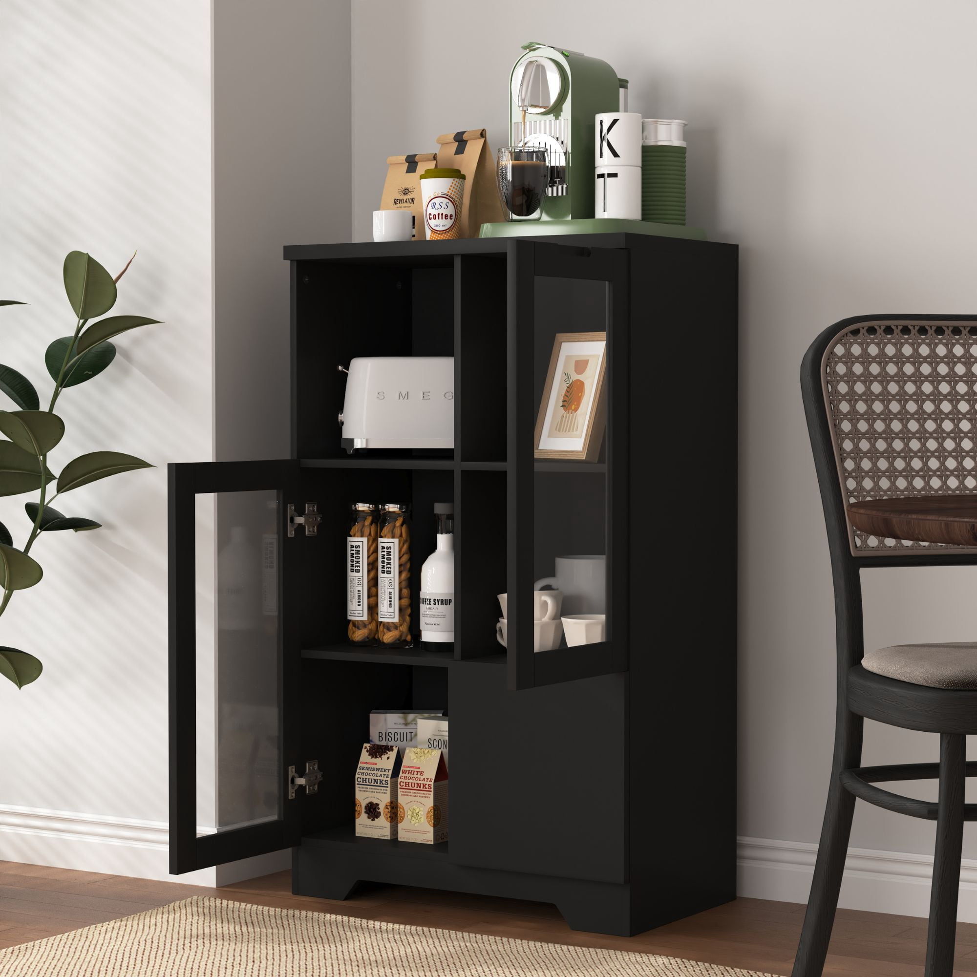 Noble House Storage Cabinet with Glass Doors and Drawer, Adjustable Shelves, Black