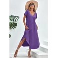 thumbnail image 2 of Ekouaer Long Nightgowns for Women Short Sleeve House Dress with Pockets V Neck Sleepshirts Side Split Sleepwear, 2 of 5
