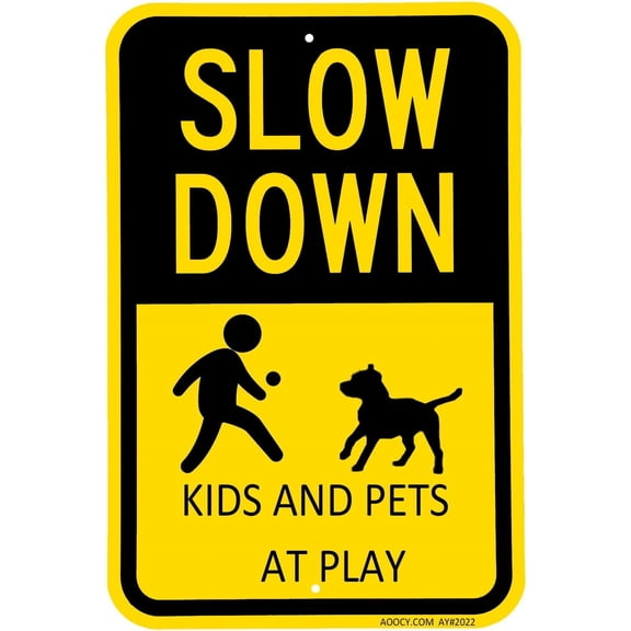Kids and Pets at Play Sign - 1 Pack - Neighborhood Street Slow Down Caution Yard Lawn Sign- Aluminum Rust Free - 7" x 9.8" Pre-Drilled Holes, Weather Resistant