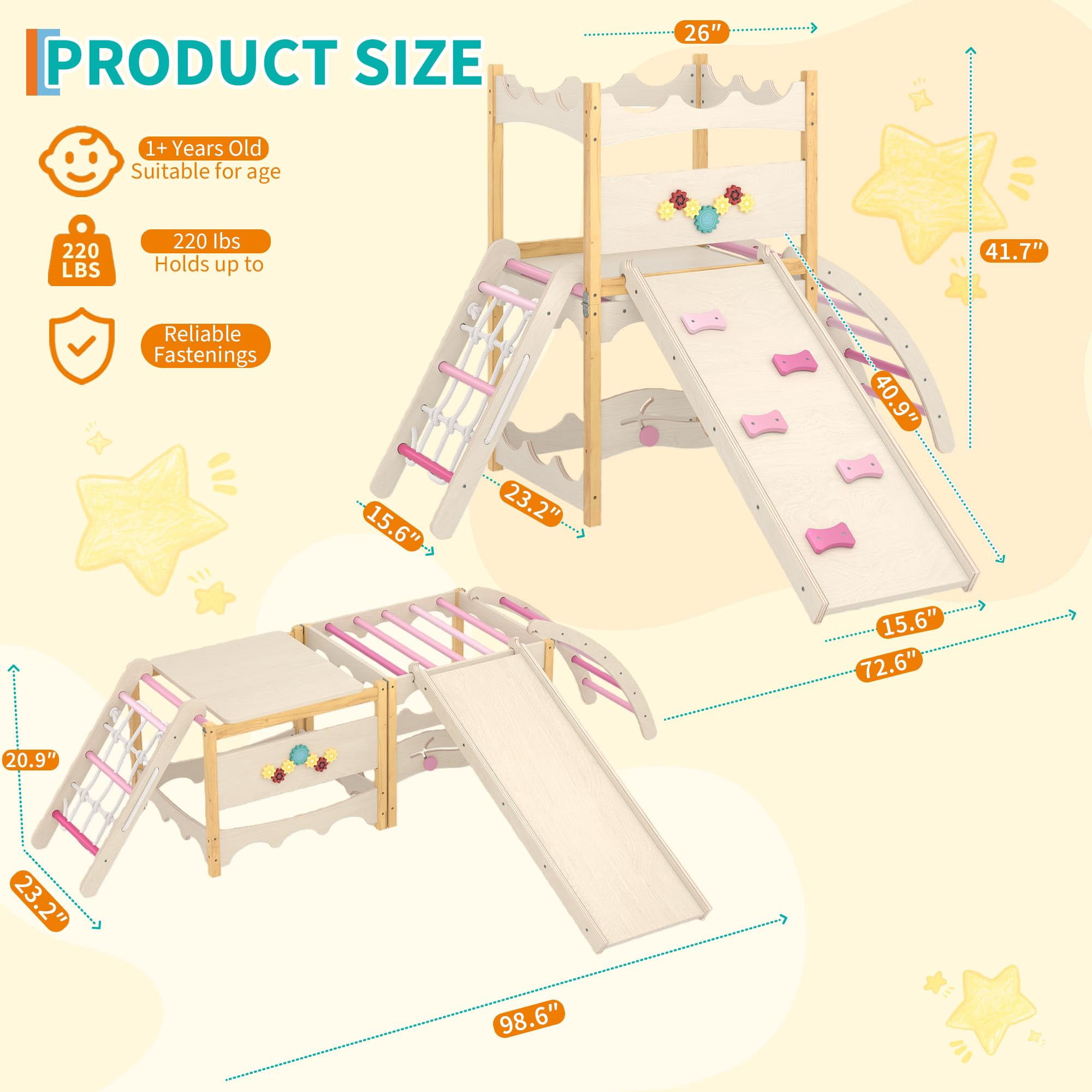 Wooden Kids Climbing Toys,6-in-1 Indoor Jungle Gym - Wooden Montessori Climbing Set with Slide,Climbing Rock & Net,Ladder,Rest Area,and Circle Labyrinth - Indoor Playground Climber Set for Toddlers