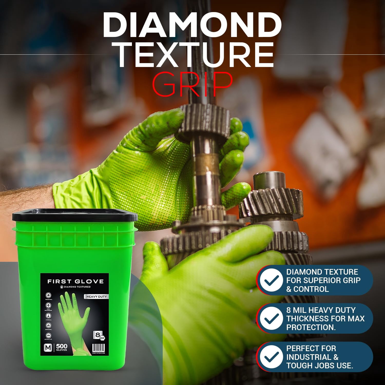 First Glove 8 Mil Green Nitrile Gloves Bucket - 2X- Large - 500 Count - Raised Diamond Textured Heavy Duty Industrial Gloves for Automotive & Mechanic Work - Latex Free, Powder Free, Bulk