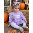 thumbnail image 3 of RUINIXCW Newborn Baby Girls Halloween Outfit Gingham Plaid Bubble Romper Long Sleeve Ghost Witch Hat Pumpkin Print Smocked Bodysuit Playsuit with Headband, 3 of 9