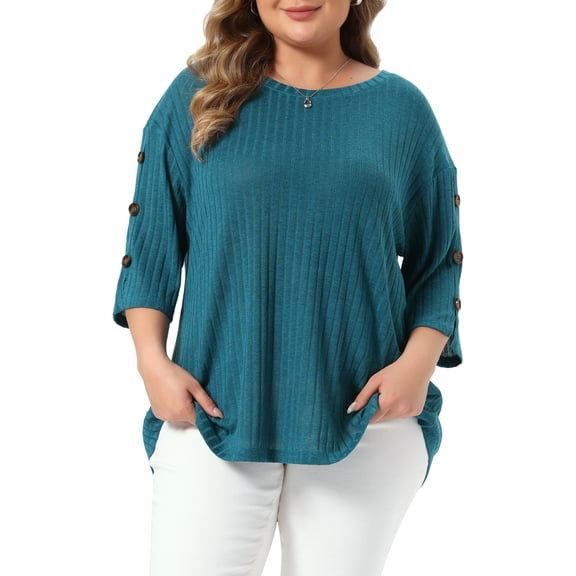 DARING DIVA Women's Plus Crew Neck Slit 3/4 Sleeve Button Tops 4X Lake Blue