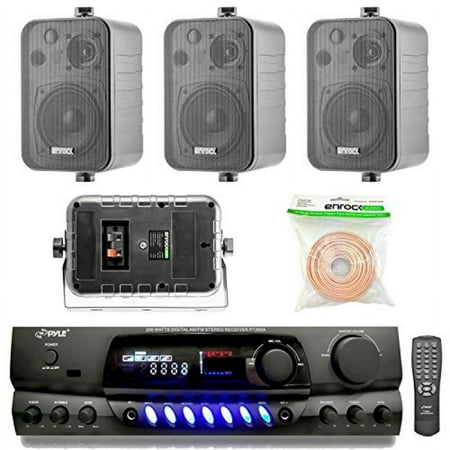 Pyle PT260A 200-Watt 2-Channel Digital AM/FM Radio Stereo Amplifier Receiver Bundle Combo With 4x Enrock EKMR408B 4 Inch 200-Watt 3-Way Black Box Speakers + 50 Feet 18-Gauge Speaker Wire